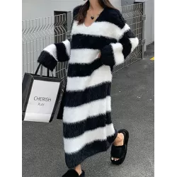 Striped Long Sleeves Loose V-Neck Midi Dresses Knit Dresses