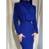 Pleated Solid Color High Waisted Long Sleeves Mock Neck Midi Dresses