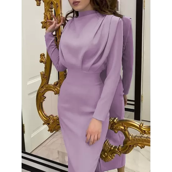 Pleated Solid Color High Waisted Long Sleeves Mock Neck Midi Dresses