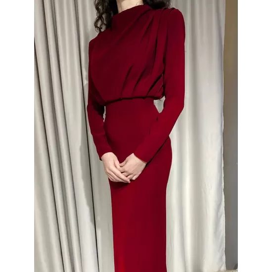 Pleated Solid Color High Waisted Long Sleeves Mock Neck Midi Dresses