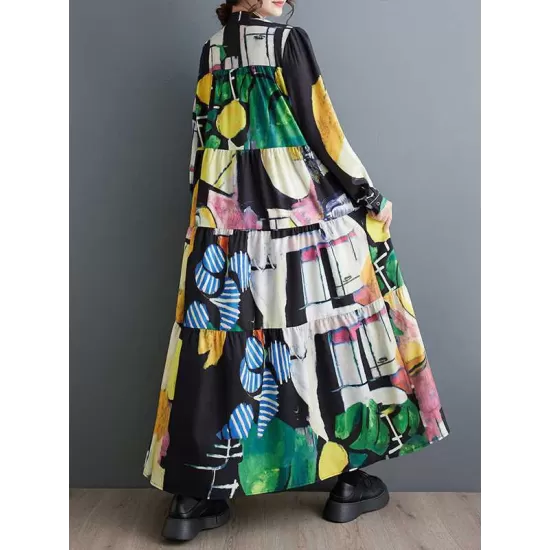 Buttoned Printed Split-Joint Long Sleeves Loose Round-Neck Midi Dresses