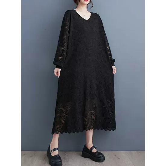 Jacquard Bishop Sleeve Long Sleeves V-Neck Midi Dresses