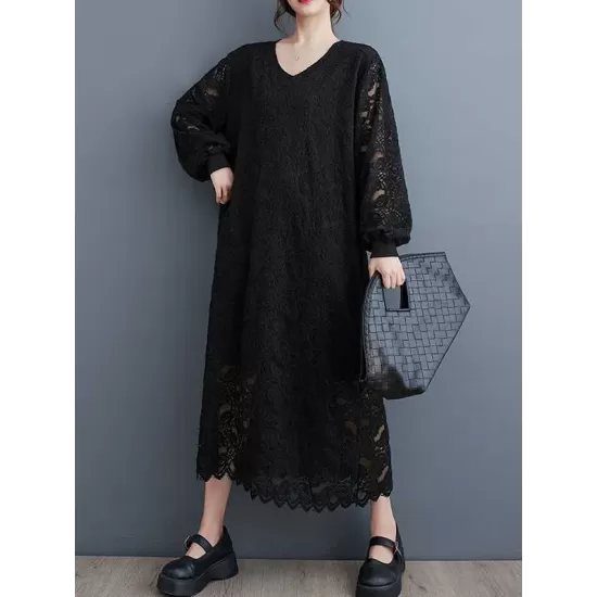 Jacquard Bishop Sleeve Long Sleeves V-Neck Midi Dresses