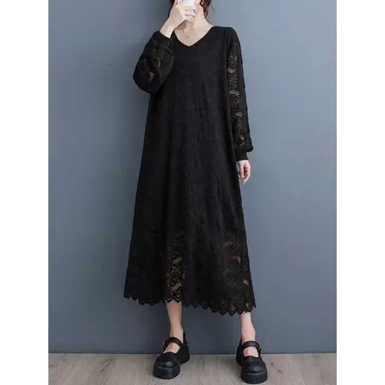 Jacquard Bishop Sleeve Long Sleeves V-Neck Midi Dresses