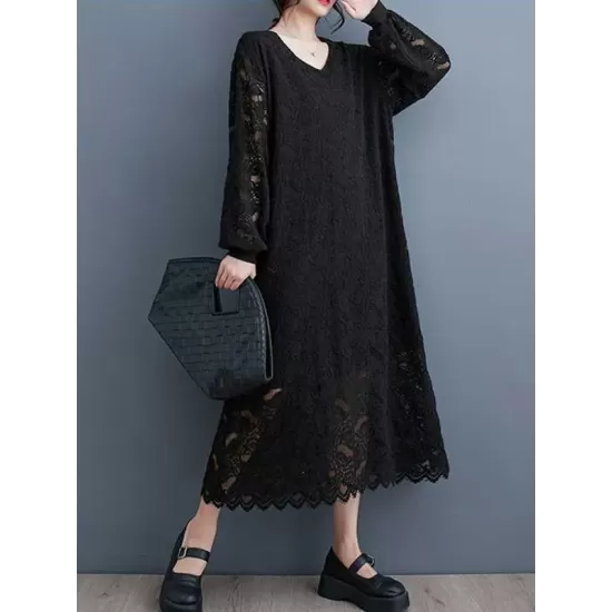 Jacquard Bishop Sleeve Long Sleeves V-Neck Midi Dresses