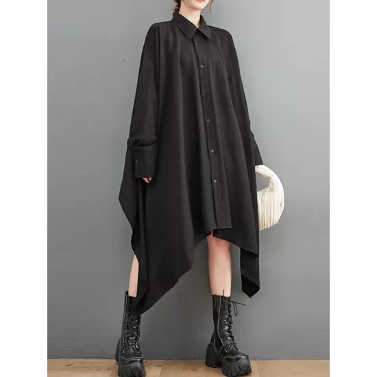 Asymmetric Buttoned Pockets Solid Color A-Line High-Low Lapel Shirt Dress Midi Dresses