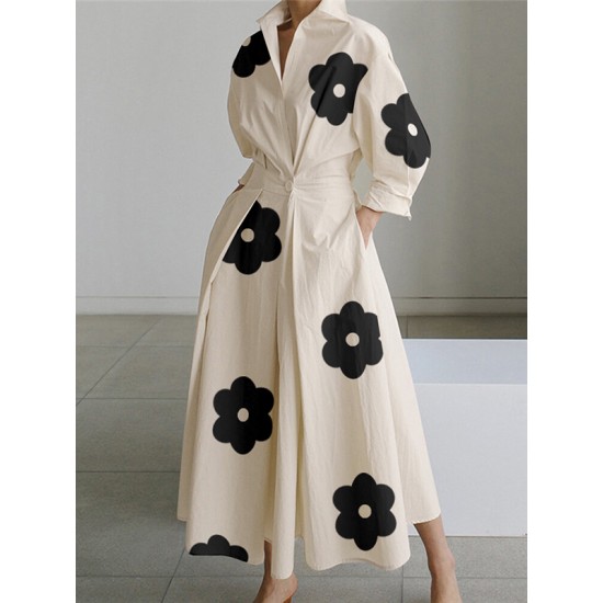 Long Sleeves Loose Contrast Color Floral Printed Pleated Tied Waist Lapel Shirt Dress