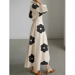 Long Sleeves Loose Contrast Color Floral Printed Pleated Tied Waist Lapel Shirt Dress