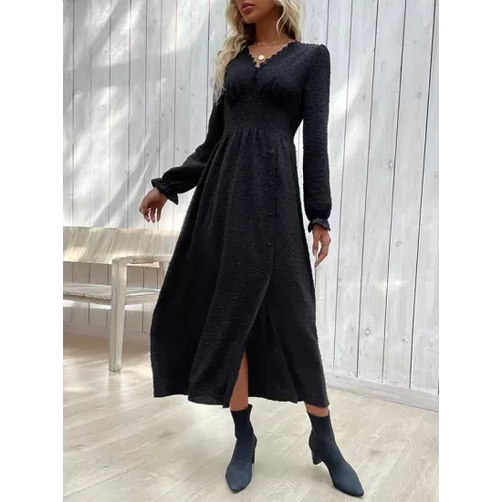 Buttoned Elasticity Solid Color Split-Side A-Line Long Sleeves V-Neck Midi Dresses