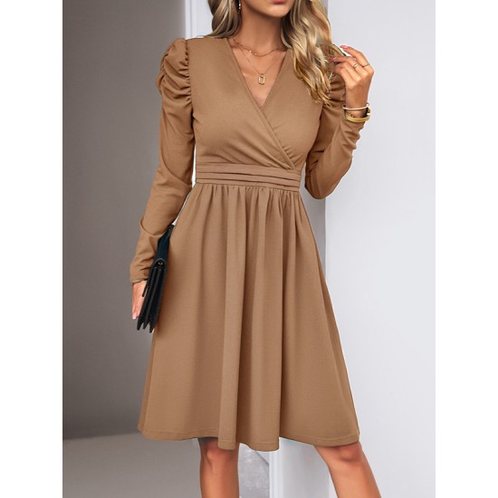 Pleated Solid Color Split-Joint Puff Sleeves Skinny V-Neck Midi Dresses