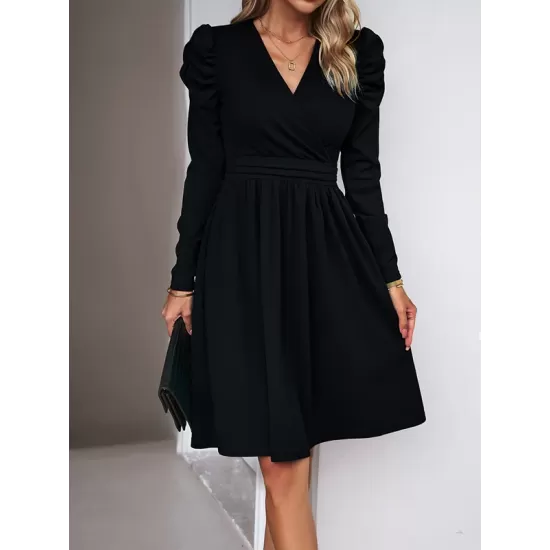 Pleated Solid Color Split-Joint Puff Sleeves Skinny V-Neck Midi Dresses