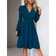 Pleated Solid Color Split-Joint Puff Sleeves Skinny V-Neck Midi Dresses