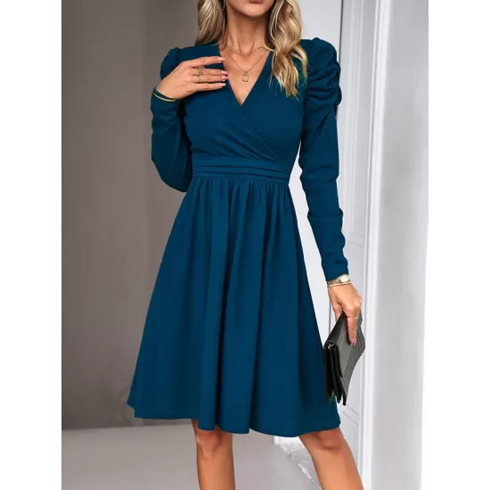 Pleated Solid Color Split-Joint Puff Sleeves Skinny V-Neck Midi Dresses