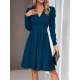 Pleated Solid Color Split-Joint Puff Sleeves Skinny V-Neck Midi Dresses