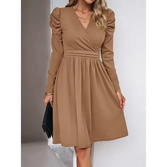 Pleated Solid Color Split-Joint Puff Sleeves Skinny V-Neck Midi Dresses