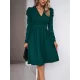 Pleated Solid Color Split-Joint Puff Sleeves Skinny V-Neck Midi Dresses