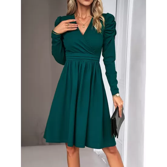 Pleated Solid Color Split-Joint Puff Sleeves Skinny V-Neck Midi Dresses