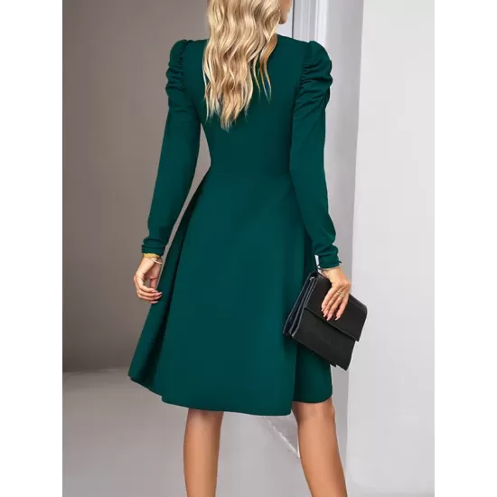 Pleated Solid Color Split-Joint Puff Sleeves Skinny V-Neck Midi Dresses