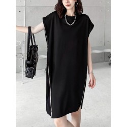 Loose Short Sleeves Asymmetric Zipper Round-Neck Dresses Midi Dresses