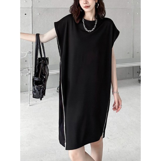 Loose Short Sleeves Asymmetric Zipper Round-Neck Dresses Midi Dresses