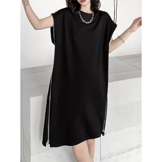 Loose Short Sleeves Asymmetric Zipper Round-Neck Dresses Midi Dresses