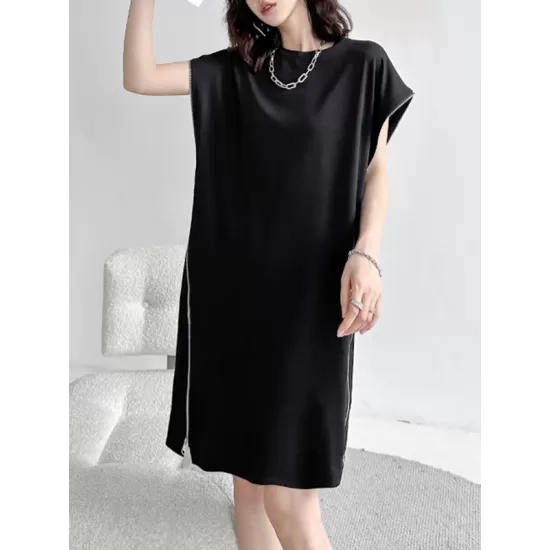 Loose Short Sleeves Asymmetric Zipper Round-Neck Dresses Midi Dresses