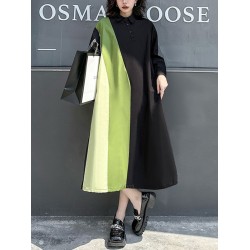 Long Sleeves Loose Asymmetric Buttoned Contrast Color Split-Joint Lapel Midi Dresses Shirt Dress