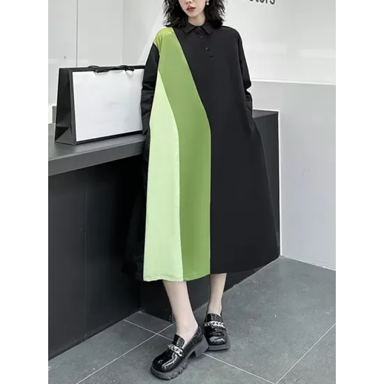 Long Sleeves Loose Asymmetric Buttoned Contrast Color Split-Joint Lapel Midi Dresses Shirt Dress