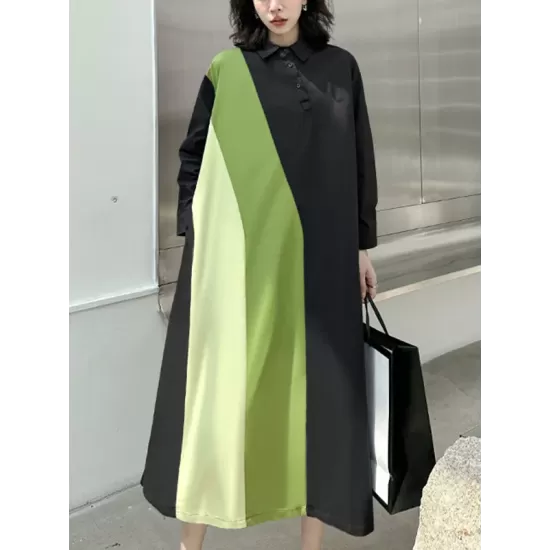 Long Sleeves Loose Asymmetric Buttoned Contrast Color Split-Joint Lapel Midi Dresses Shirt Dress