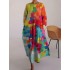 Loose Colorful Contrast Color Printed Round-Neck Midi Dresses