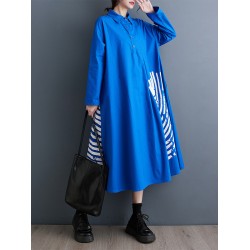 Asymmetric Buttoned Pleated Printed Split-Joint A-Line Long Sleeves Lapel Shirt Dress Midi Dresses