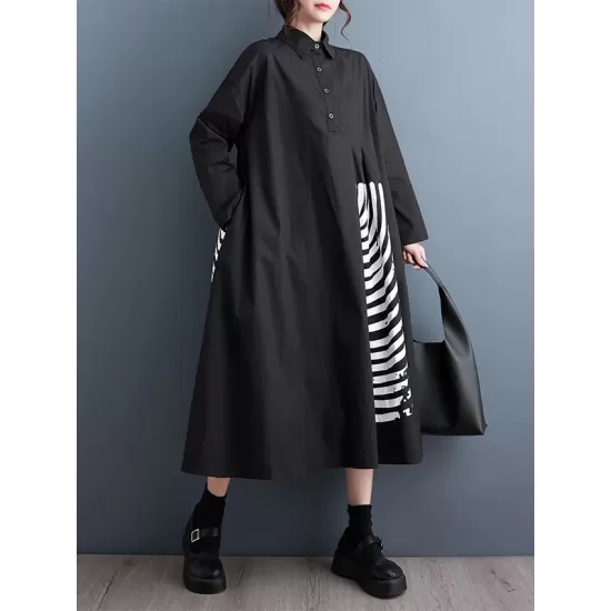 Asymmetric Buttoned Pleated Printed Split-Joint A-Line Long Sleeves Lapel Shirt Dress Midi Dresses