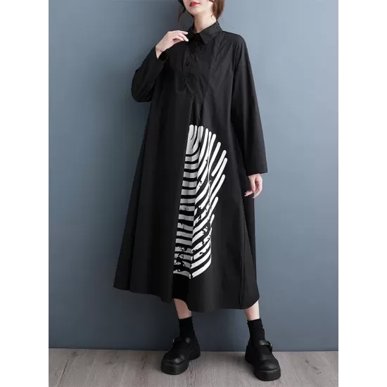 Asymmetric Buttoned Pleated Printed Split-Joint A-Line Long Sleeves Lapel Shirt Dress Midi Dresses