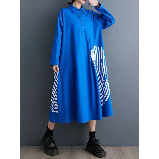 Asymmetric Buttoned Pleated Printed Split-Joint A-Line Long Sleeves Lapel Shirt Dress Midi Dresses