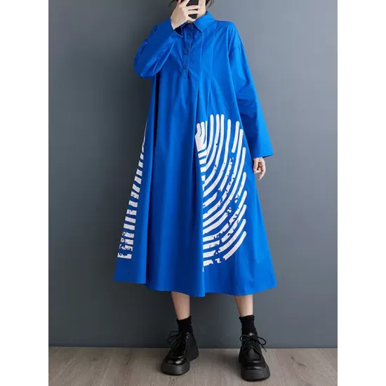 Asymmetric Buttoned Pleated Printed Split-Joint A-Line Long Sleeves Lapel Shirt Dress Midi Dresses