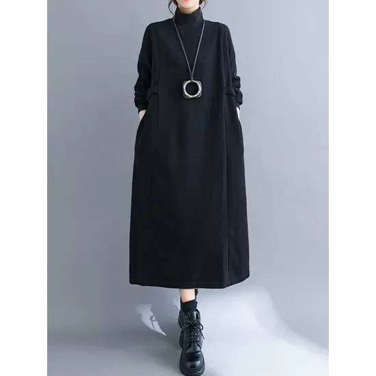 Solid Color A-Line Long Sleeves Mock Neck Midi Dresses