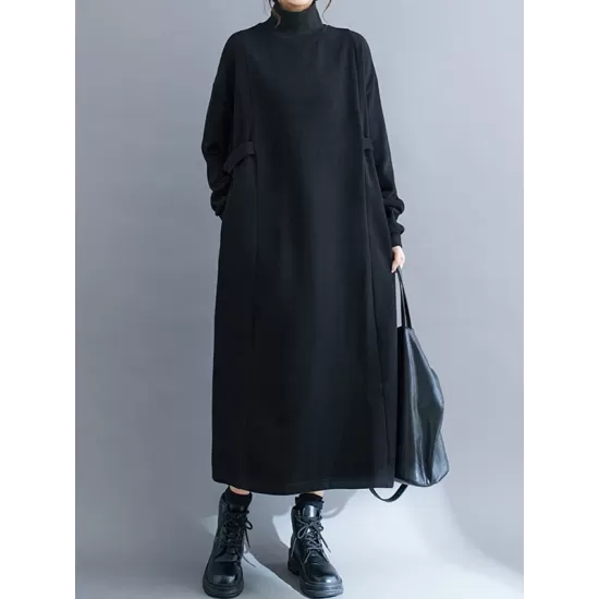 Solid Color A-Line Long Sleeves Mock Neck Midi Dresses