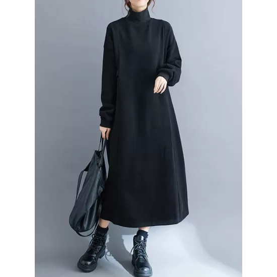 Solid Color A-Line Long Sleeves Mock Neck Midi Dresses