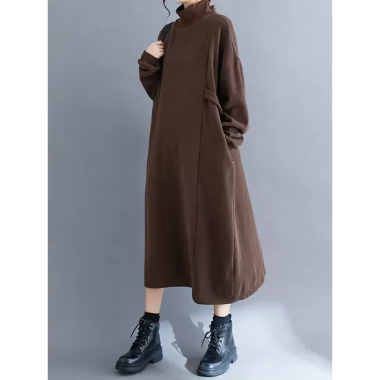 Solid Color A-Line Long Sleeves Mock Neck Midi Dresses