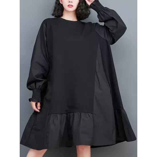 Pleated Solid Color Split-Joint Loose Puff Sleeves Round-neck Midi Dresses