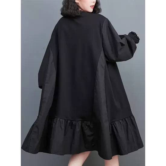 Pleated Solid Color Split-Joint Loose Puff Sleeves Round-neck Midi Dresses