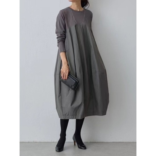 Split-Joint Long Sleeves Loose Round-Neck Midi Dresses