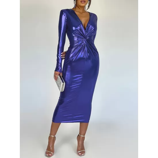 Pleated Shiny Solid Color Split-Joint Bodycon Long Sleeves V-Neck Midi Dresses