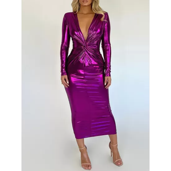 Pleated Shiny Solid Color Split-Joint Bodycon Long Sleeves V-Neck Midi Dresses