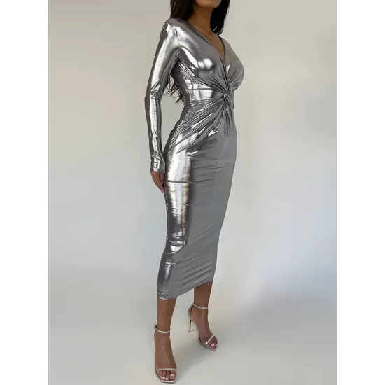 Pleated Shiny Solid Color Split-Joint Bodycon Long Sleeves V-Neck Midi Dresses