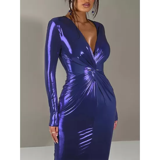 Pleated Shiny Solid Color Split-Joint Bodycon Long Sleeves V-Neck Midi Dresses