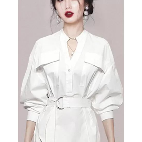 See-Through Split-Joint Split-Side Tied Waist Long Sleeves Loose V-Neck Shirt Dress Midi Dresses