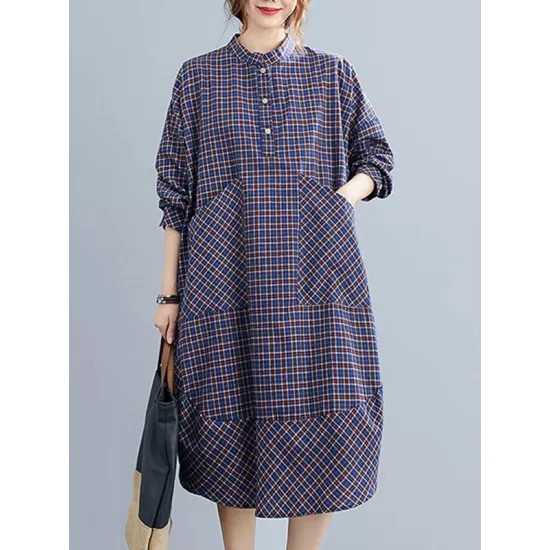 Vintage Plaid Irregularity Shirt Dresses