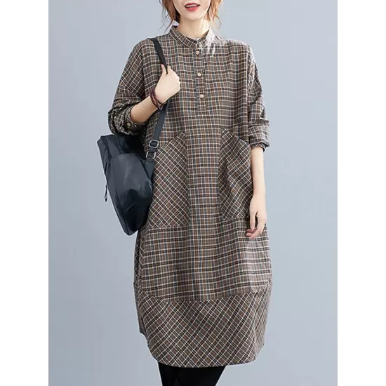 Vintage Plaid Irregularity Shirt Dresses