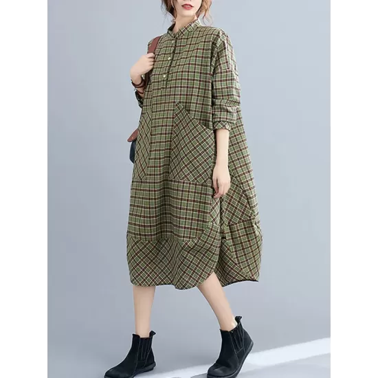 Vintage Plaid Irregularity Shirt Dresses